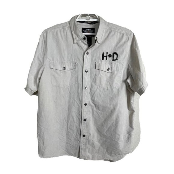 Harley Davidson Beige Men's L Embroidered Spell Out Button Up Short Sleeve Shirt